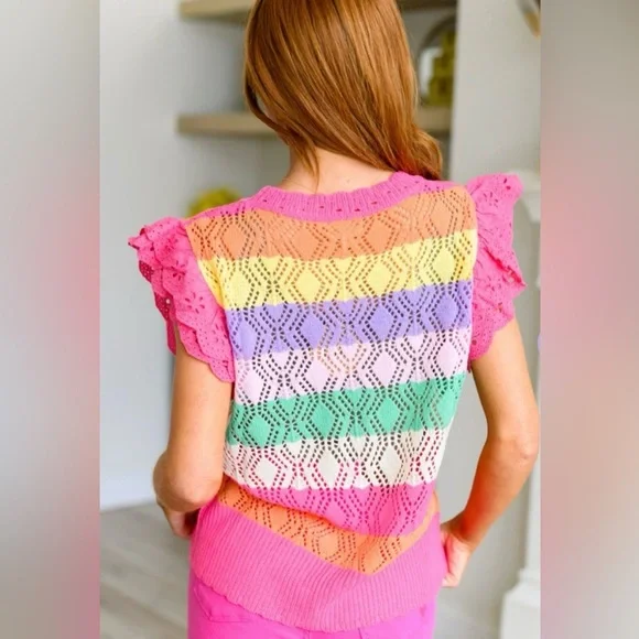 NWT BiBi Open Knit Bright Pink Purple Striped Ruffle Sleeve Easter Sweater Sz XL - Picture 4 of 7